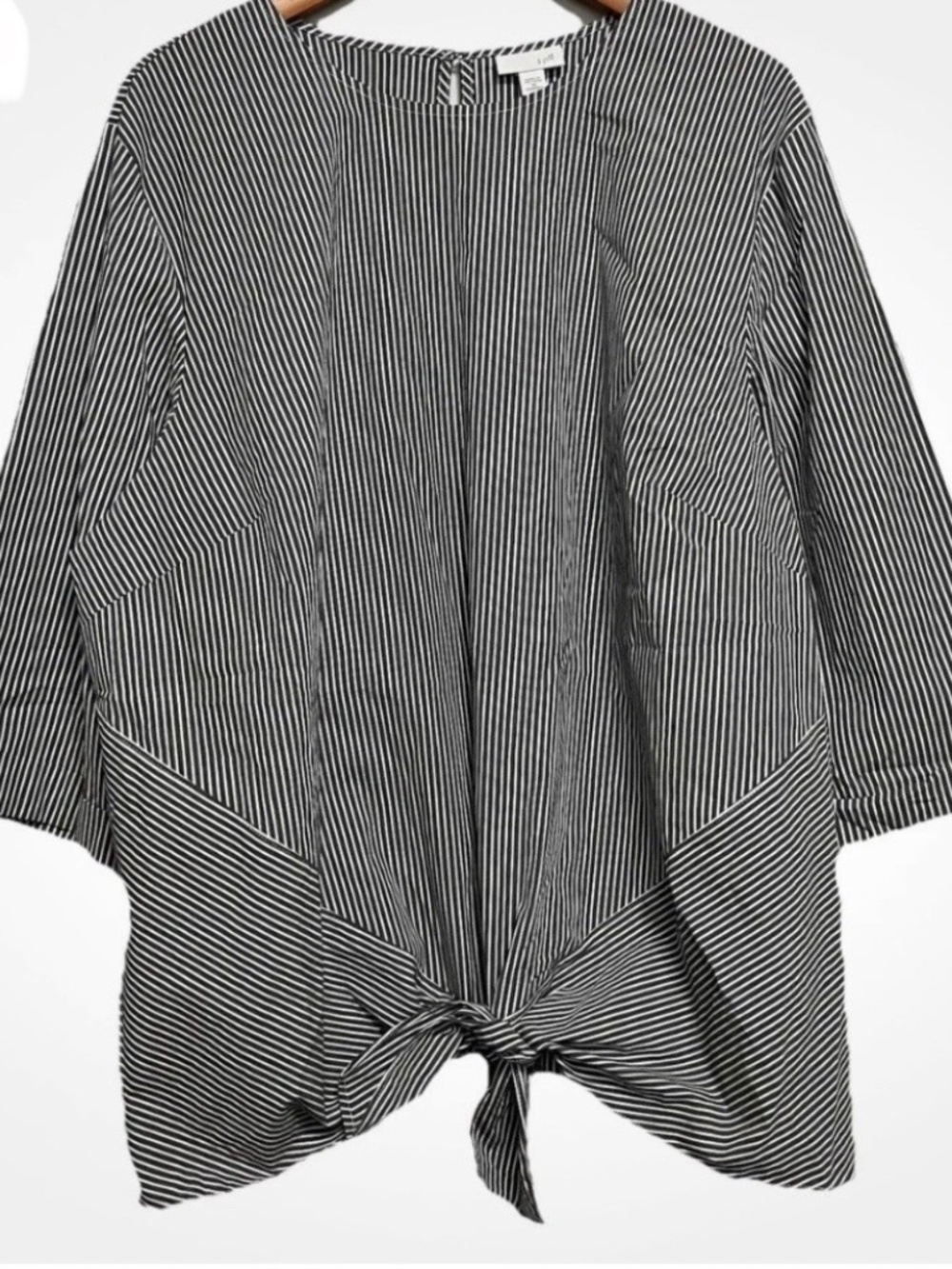 J Jill Plus Size 3X Black White Stripe Tie Front 3/4 Sleeve Tunic Top EUC